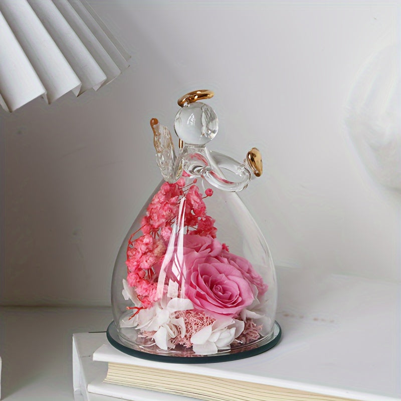 Eternal Red Roses in Glass Dome, 10.21cm x 7.49cm, Angel Statue with Red Roses, Romantic Valentine's Day, Christmas, Thanksgiving, Mother's Day, Graduation Gift, Love, Forever Flower Display, Home Decor