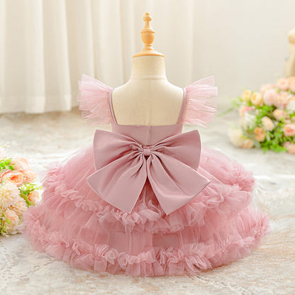 Children's Puff-sleeve Bowknot Tulle Fluffy Tiered Cake Skirt