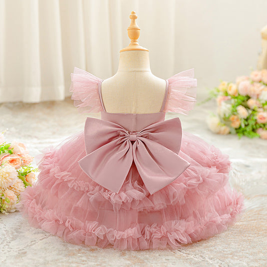 Children's Puff-sleeve Bowknot Tulle Fluffy Tiered Cake Skirt