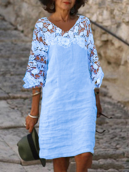 Casual Lace Stitching One-neck Cotton And Linen Dress
