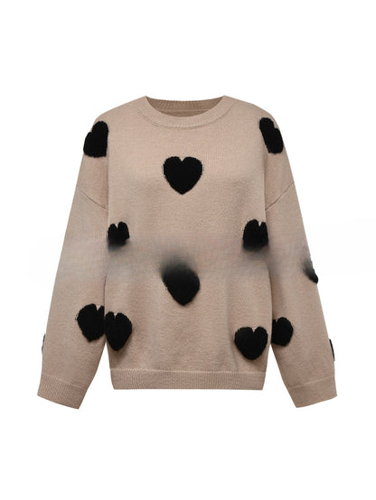 Women's 3D Jacquard Heart Pullover Sweater With Long Sleeves And Light Stretch