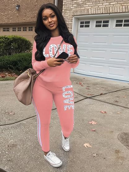 Women's Sports Two-piece Set, Love Letter Print Long Sleeve Top & Pants For Fall & Winter, Women's Clothing