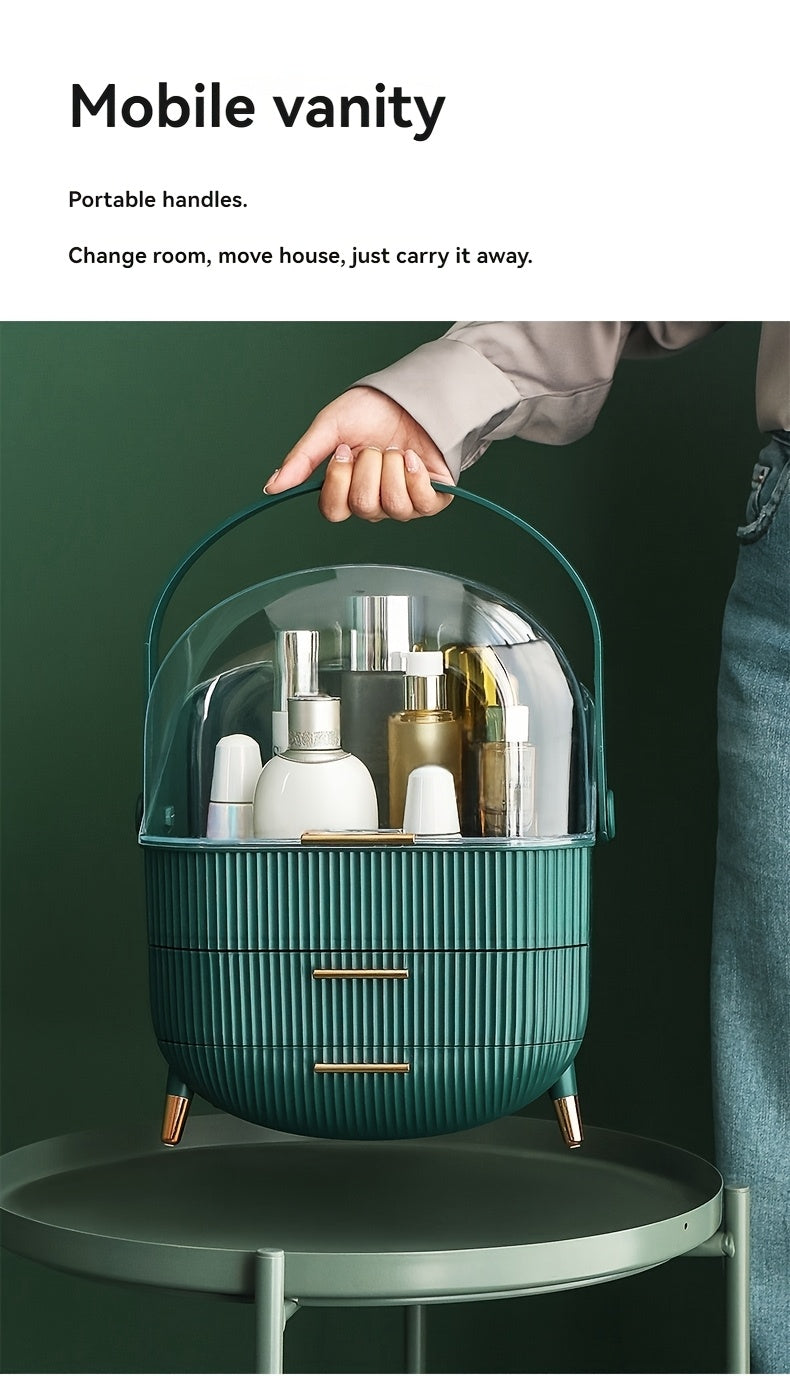 1pc Plastic Cosmetic Storage Box, Lightweight, Tension Mount, Multi-functional with Cover & Drawer, Waterproof & Dust-proof, for Bathroom & Desktop Makeup Organizer