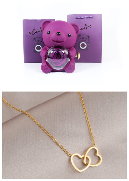 Rotating Bear Gift Box Eternal Rose Teddy Bear Jewelry Box With Necklace Valentine Wedding Special Present For Girlfriend Anniversary Gift Jewelry Box