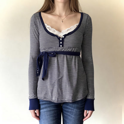 Lace-trimmed Faux Two-piece Striped High-waist Long-sleeve Versatile Top