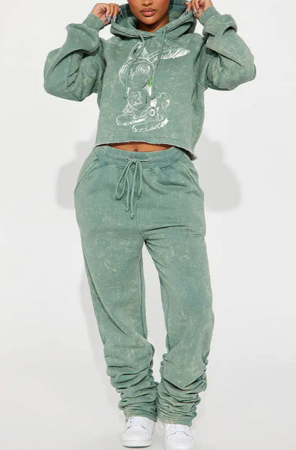 Casual Printed Hooded Short Sweatshirt Set