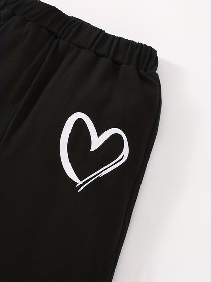 Girls' Fashion Set: Heart Print Round Neck Short Sleeve T-Shirt & Sweatpants 2pcs Casual Cotton Outfit, Perfect for Outdoor