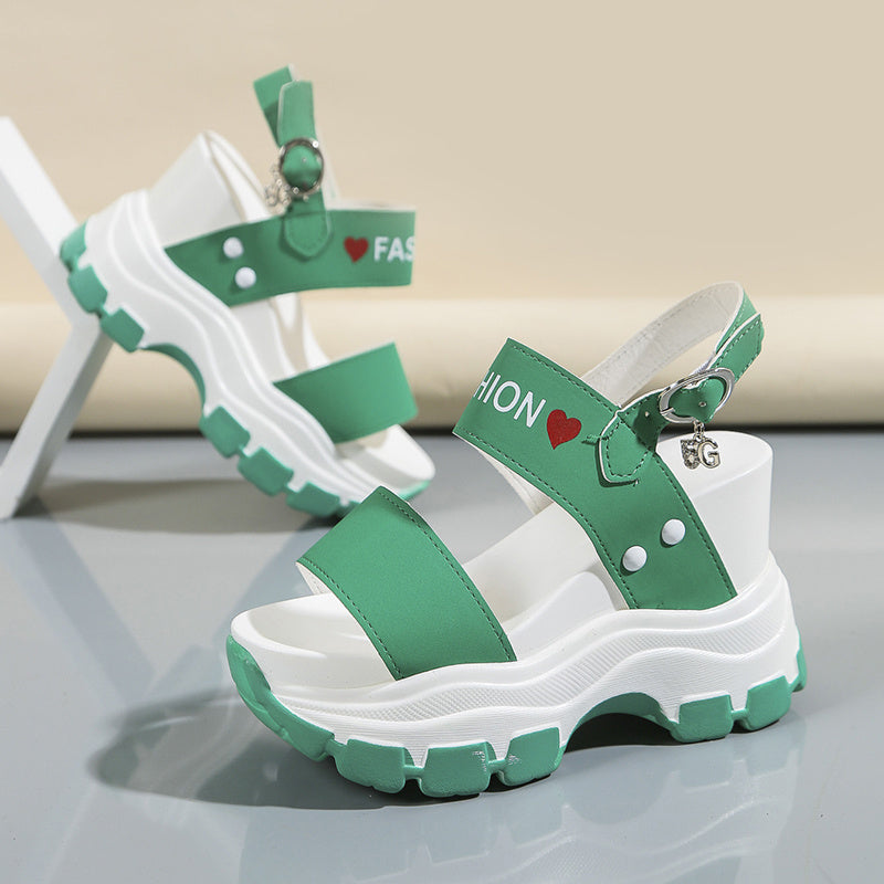Women's Platform Wedge Sandals - Open Toe Ankle Strap Heels with Metal Buckle