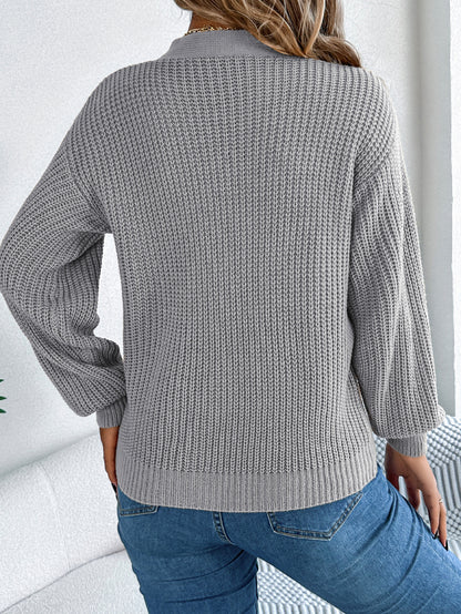 Women Casual Hollow Out V-Neck Cable Knit Lantern Sleeve Pullover Sweater