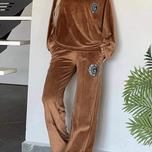 Velvet Solid Color Crew-neck Batwing Sleeve Casual Two-piece Suit Women's Clothing