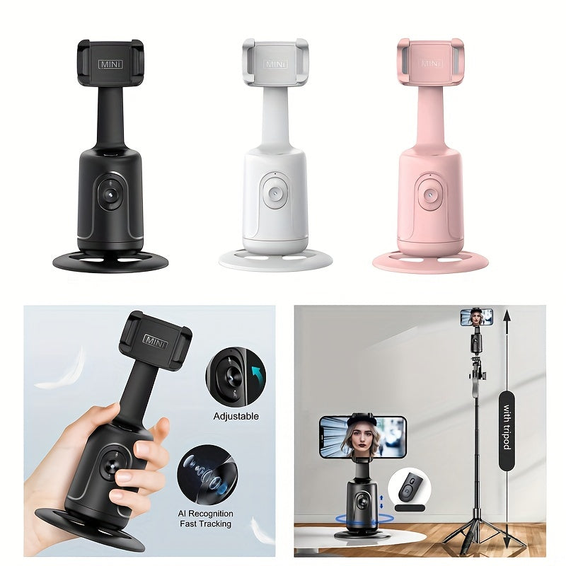 360° Auto-Tracking Smartphone Tripod - Hands-Free Face & Body Recognition - Wireless Rechargeable Holder for Live Streaming, Vlogging & Video Recording - Black