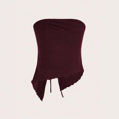 Women's Summer New Arrival Drawstring Slit Asymmetrical Waffle-Texture Slim-fit Tube Top Bustier