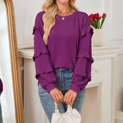 Casual Loose-fit Crew Neck T-shirt With Lantern Sleeves And Ruffled Hem