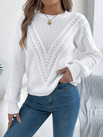 Women Casual Solid Color V-Neck Hollow Out Lantern Sleeve Pullover Sweater