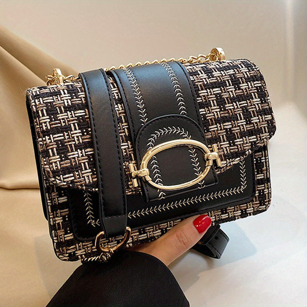 Elegant Plaid Tweed Crossbody Bag – Lightweight Chain Shoulder Purse with Adjustable Strap, Magnetic Buckle Closure, and Leather Lining for Stylish Everyday Use