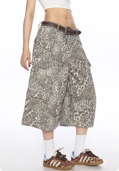 Leopard Print Cargo Denim Capri Pants For Women Summer