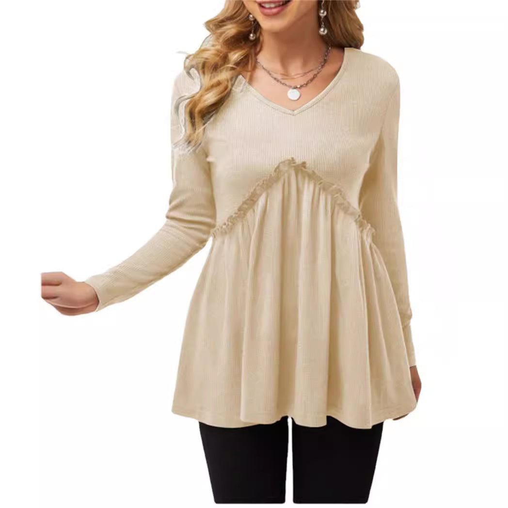 Loose-fit Ruffled Pleated V-neck T-shirt For Women