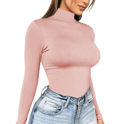 Women's Basic Solid Stretchy Long Sleeve Turtle Neck T-Shirt - Casual Everyday Top for Comfort and Style
