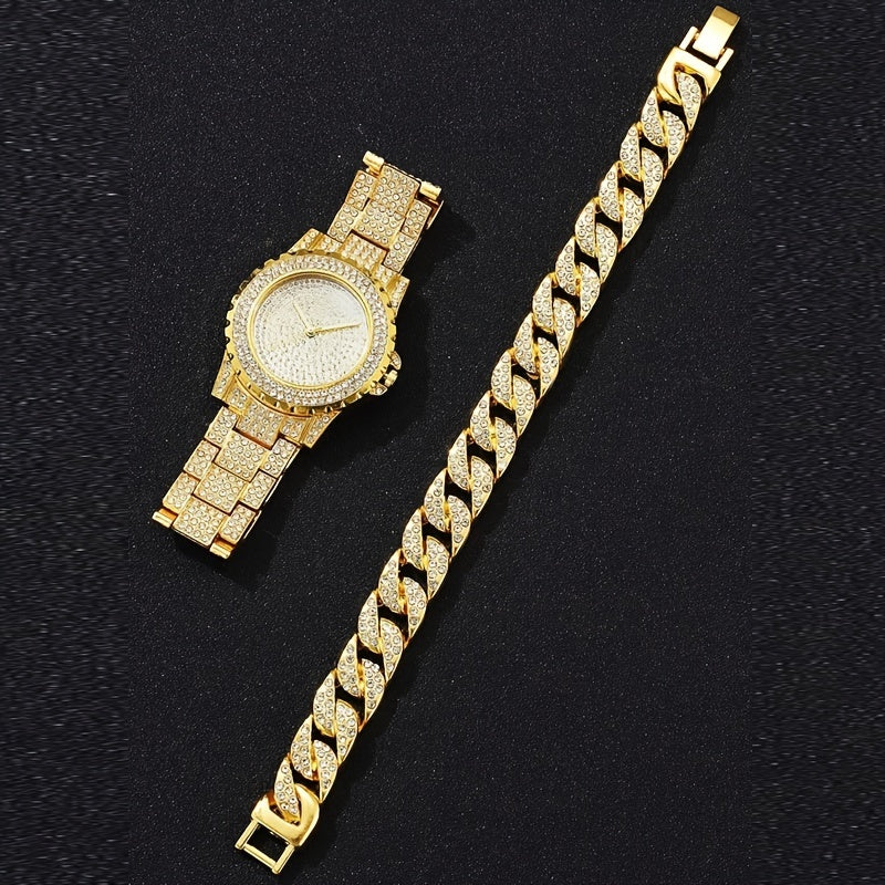 1pc Rhinestone Decor Quartz Watch Luxury Hiphop Analog Wristwatch & 1pc Bracelet, Gift For Xmas Valentine's Day