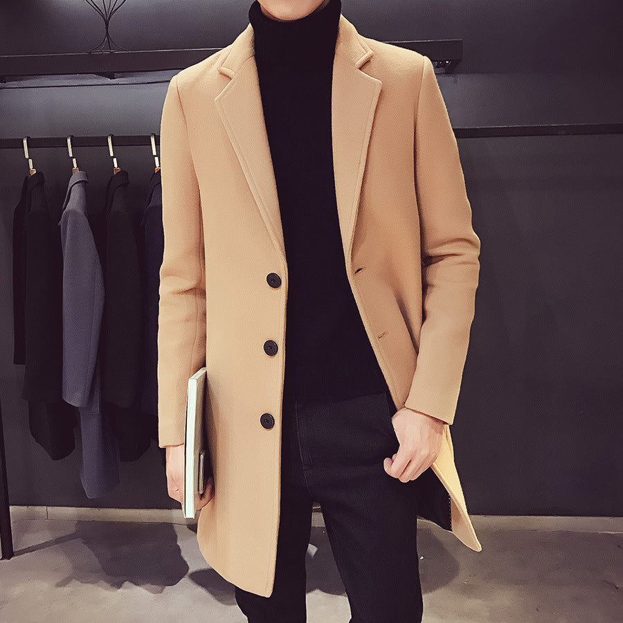 Herren-Trenchcoat in mittlerer Länge, schmal geschnittener Wollmantel im koreanischen Stil
