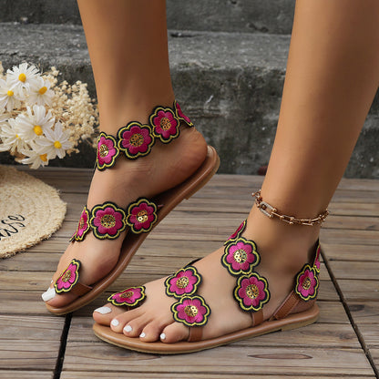 Bohemian Floral Flat Sandals for Women - Ethnic Summer Beach Shoes | Casual Vacation Footwear
