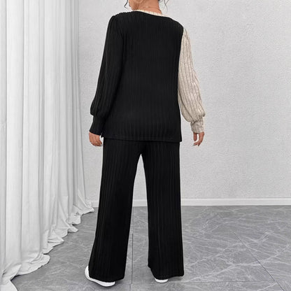 Women's Set Crew-neck Colorblock Top With Asymmetrical Hem Straight-leg Trousers