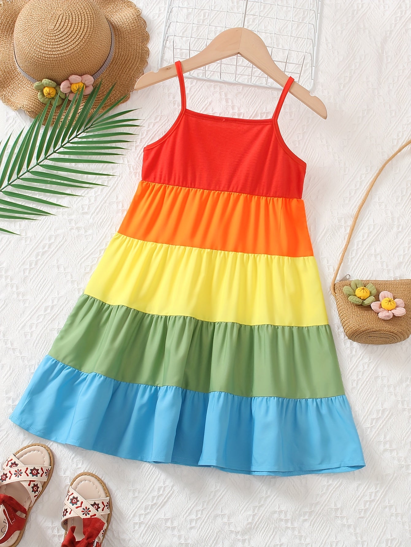 Girls' Spaghetti Strap Color-Blocked Rainbow Cake Dress - Perfect for Outdoor Occasions.