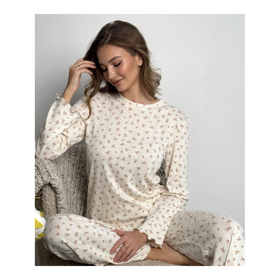 Women's Spring And Summer Floral Print Bell Sleeve Round Neck Top Wide Leg Pants Home Wear Suit