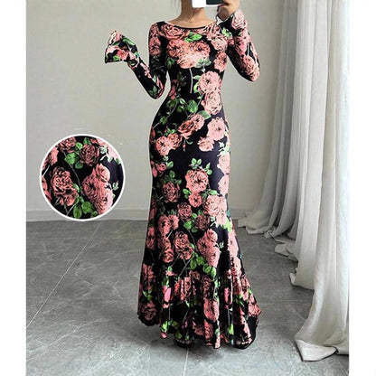 Elegant And Slim-fitting Round Neck Rose Floral Flared Sleeve Bodycon Dress