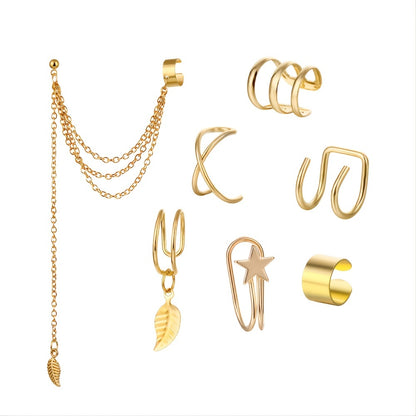 Set Of 7 Trendy Golden Leaf Tassel Earrings With C-shaped Geometric Star Ear Clips