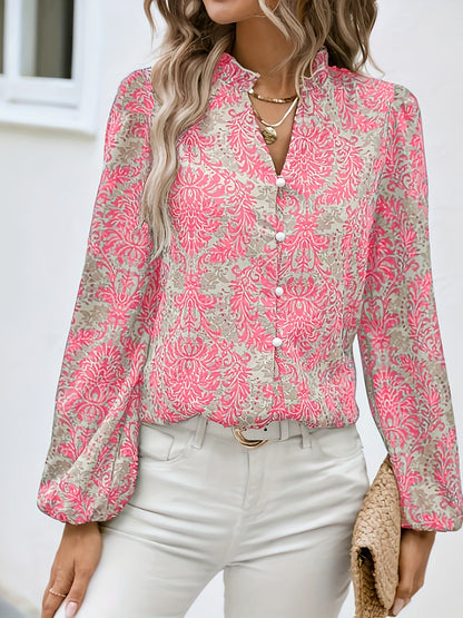 Full Print Lantern Sleeve Ruffled Trim Shirt