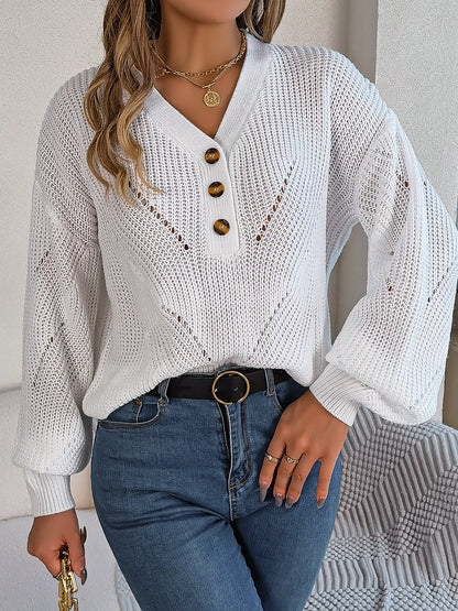 Women Hollow Out V-Neck Button Lantern Sleeve Pullover Sweater
