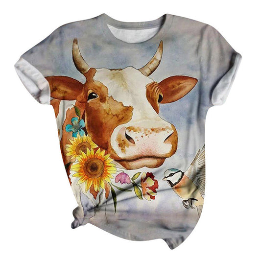 Fashionable Women's T-Shirt With Bull-Head Print Crew Neck And Short Sleeves