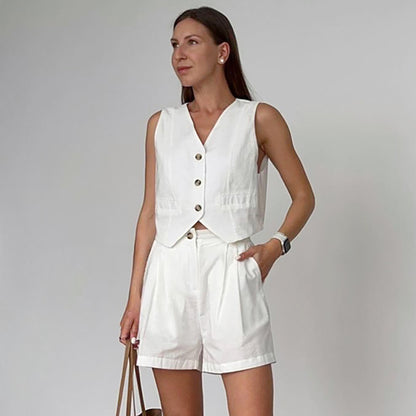 French-style Cotton-linen V-neck Sleeveless Minimalist Solid-color Set
