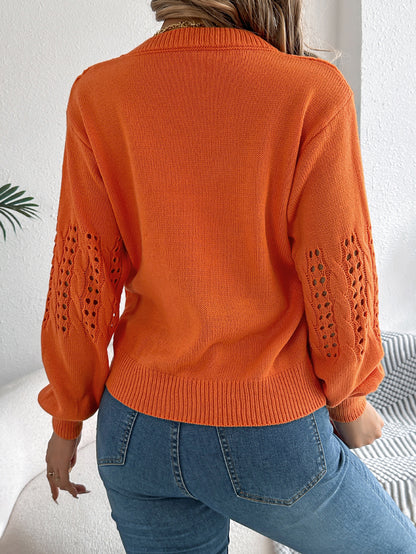 Women Casual Solid Color Hollow Out Lantern Sleeve Pullover Sweater