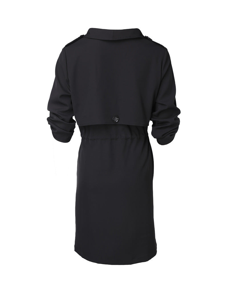 Loose Solid Color Waist Tight Rolled Sleeves Mid-length Trench Coat For Women