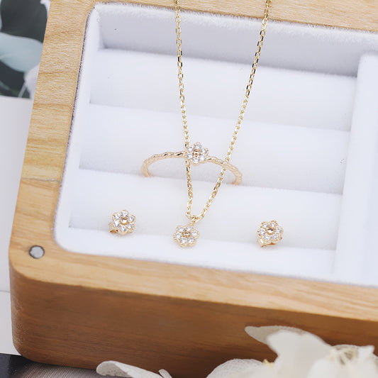 Frisches, süßes und schlichtes Blumen-Set: Ring und Halskette aus Sterlingsilber