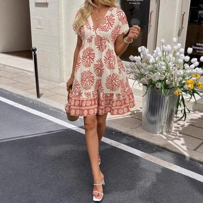 Women's Loose Casual V-Neck Digital-Print Short-Sleeve Dress