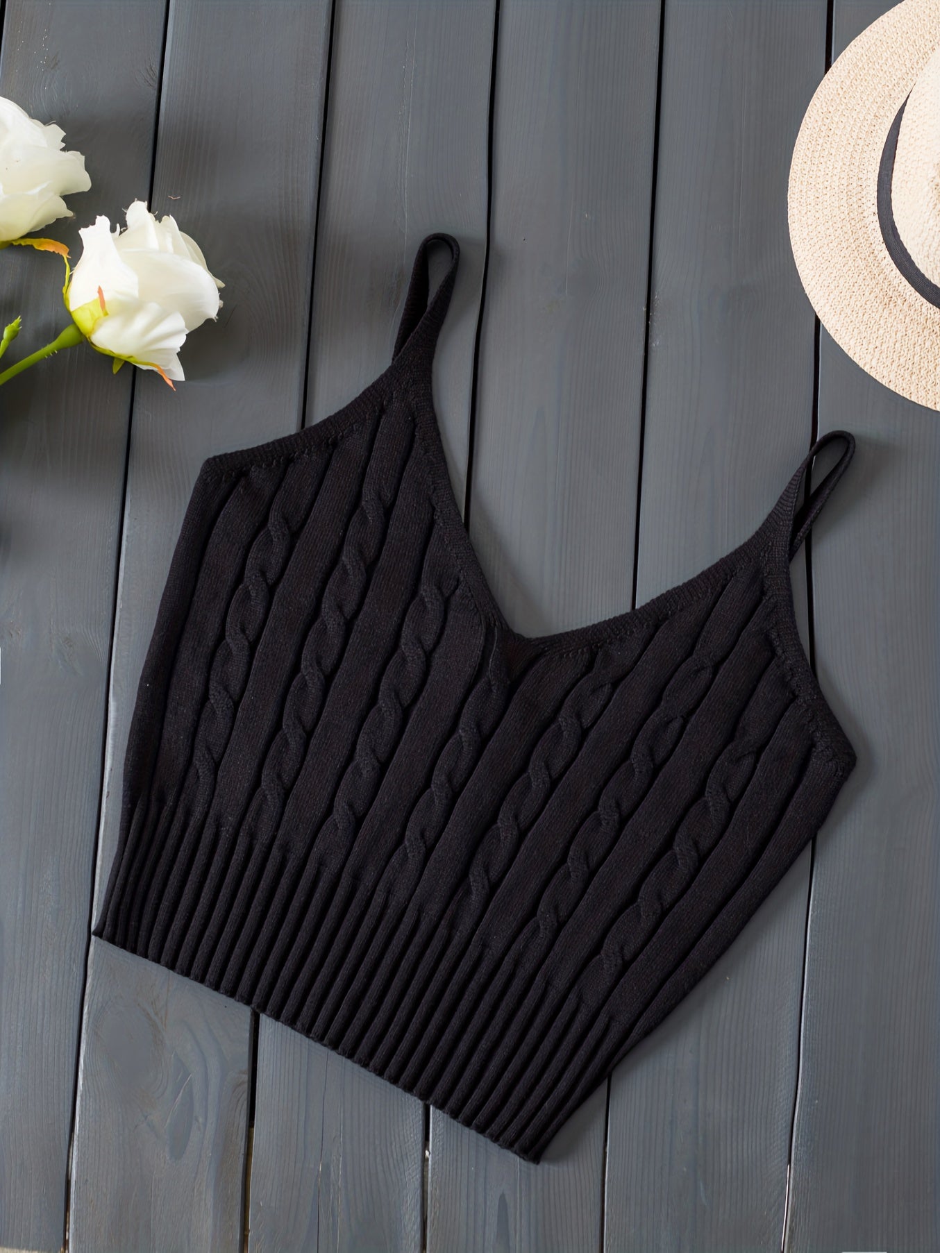 Valentine's Day Knitted Cami Crop Top, Versatile Sleeveless Casual Top For Spring & Summer, Women's Clothing