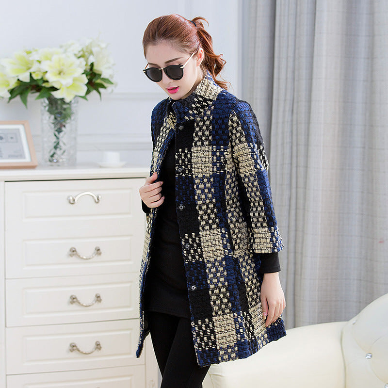 Woolen New Slim-fit Mid-length 34 Sleeve Stand Collar Thick Flower Woolen Coat