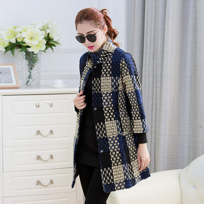 Woolen New Slim-fit Mid-length 34 Sleeve Stand Collar Thick Flower Woolen Coat