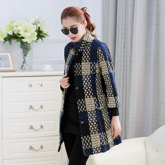 Woolen New Slim-fit Mid-length 34 Sleeve Stand Collar Thick Flower Woolen Coat