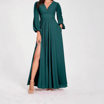 Solid Color V Neck Slit Long Sleeve Pleated Elegant Maxi Dress