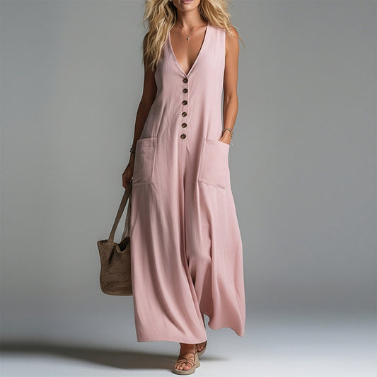 Women's Stylish & Elegant Solid-Color V-Neck Button-Up Dress