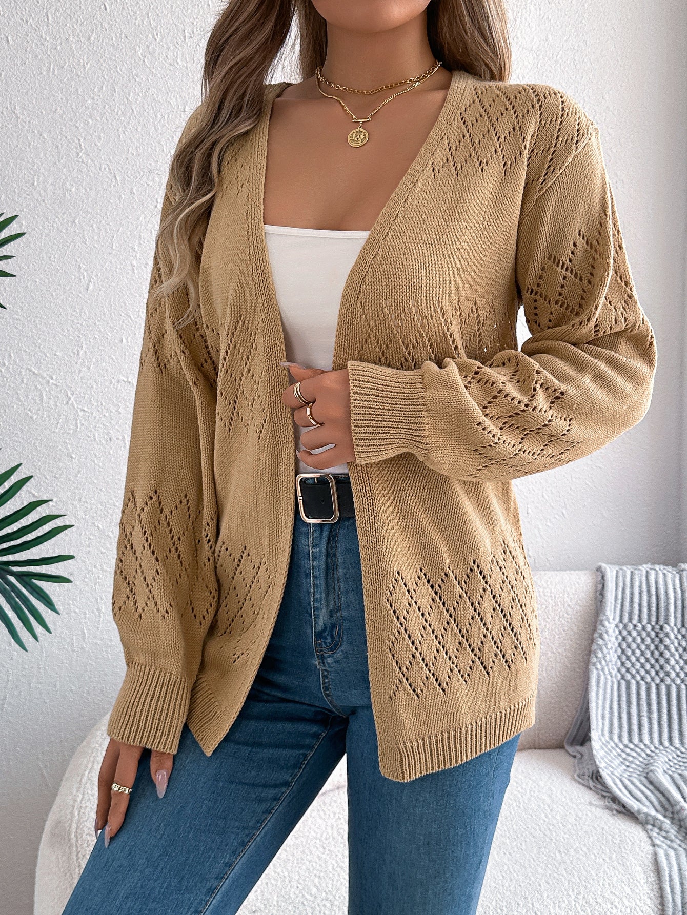 Women Casual Solid Color Hollow Out Lantern Sleeve Mid-Length Cardigan Sweater