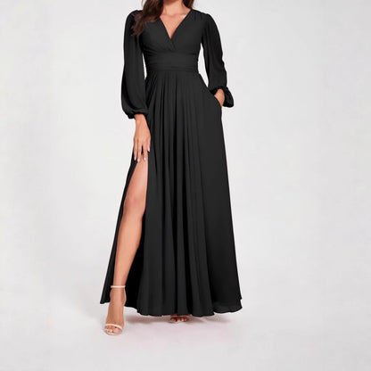 Solid Color V Neck Slit Long Sleeve Pleated Elegant Maxi Dress