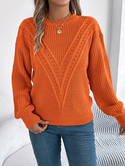 Women Casual Solid Color V-Neck Hollow Out Lantern Sleeve Pullover Sweater