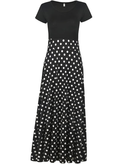 Elegant Floral Maxi Dress - Printed Crew Neck Short Sleeve Pleated Dress for Women | Premium Polyester Summer Dress