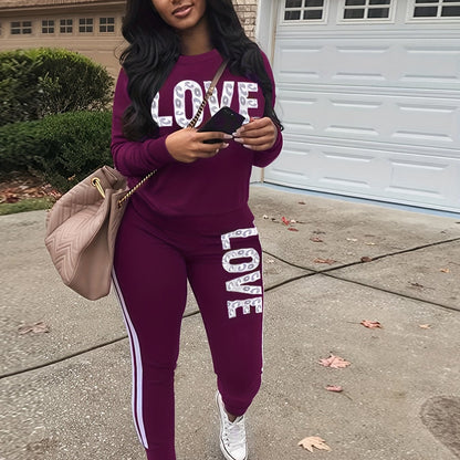 Women's Sports Two-piece Set, Love Letter Print Long Sleeve Top & Pants For Fall & Winter, Women's Clothing