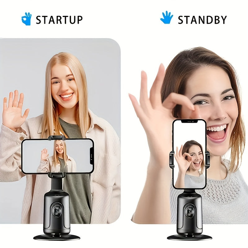 360° Auto-Tracking Smartphone Tripod - Hands-Free Face & Body Recognition - Wireless Rechargeable Holder for Live Streaming, Vlogging & Video Recording - Black